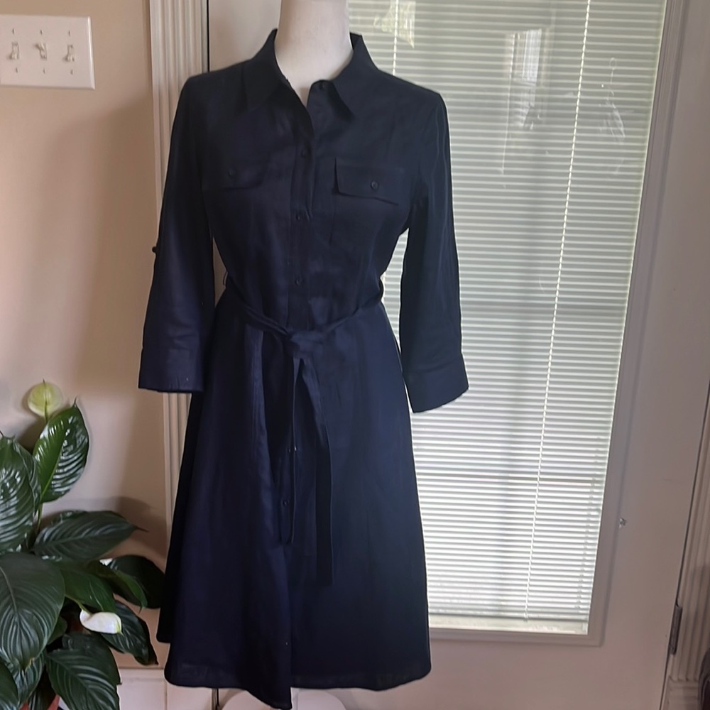 Navy Linen Shirtwaist Dress